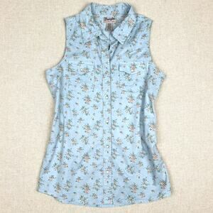 Wrangler Sleeveless Floral Western Pearl Snap Button Shirt Blue Small